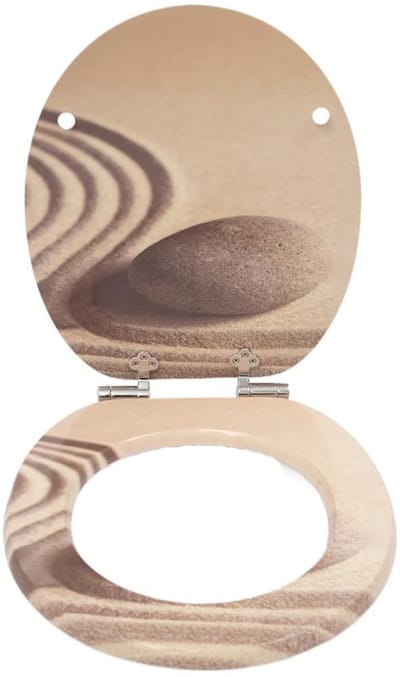 Toiletbril -Wc bril-O-vormig- stranddesign- Toiletbril met automatische neerlaatfunctie- kern van MDF- onderhoudsvriendelijk oppervlak-gebroken wit