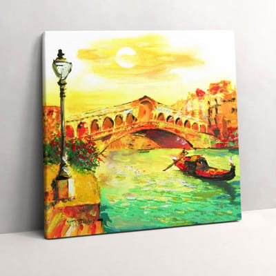 Wallfluent Foto Op Canvas Venetië - gondel en Rialtobrug - 60 x 60 cm - Groente Canvas Schilderij - Steden Foto Canvas - Imitatie van een olieverfschilderij Schilderij Op Doek - Kunst Schilderij Op Canvas