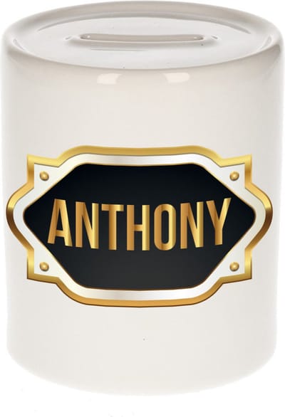 Spaarpot met voornaam Anthony - wit - met goud/zwart embleem - 8 x 9 cm - keramiek - met afsluitdop - cadeau verjaardag