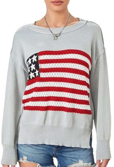 Vintage Oversized Trui met Amerikaanse Vlag voor Dames - Lange Mouwen en Ronde Hals
