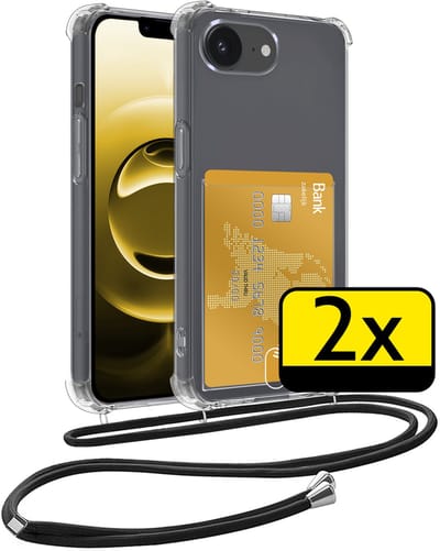 Hoesje Geschikt voor iPhone 16e Telefoonhoesje Met Koord Case Pashouder Siliconen - Hoes Geschikt voor iPhone 16e Hoesje Met Kaarthouder - Transparant - 2 Stuks
