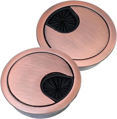 Ronde Kabeldoorvoer van Metaal met Rubber, 53 mm, voor Kabelbeheer op Kantoor en Werkplek, Eenvoudige Montage, Set van 2, Antiek Rood Brons