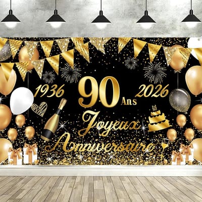 SnelShoppen - Happy Birthday Banner 90e Verjaardag 1936-2026 - Feestdecoratie voor Mannen en Vrouwen - Goud en Zwart - 180 x 110 cm - Polyester Achter