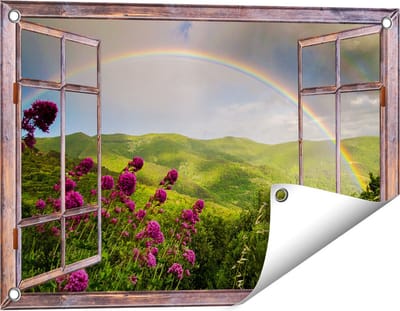 Gards Tuinposter Doorkijk Regenboog in de Heuvel Bossen - 60x40 cm - Tuindoek - Tuindecoratie - Wanddecoratie buiten - Tuinschilderij