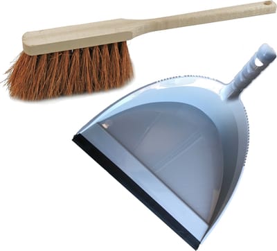 Stoffer en blik grijs van kunststof/hout/kokosvezel met lip en lange steel voor binnen - Zachte borstel/handveger