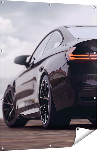 Gards Tuinposter Zwarte Sportwagen Auto van Achter - 90x120 cm - Tuindoek - Tuindecoratie - Wanddecoratie buiten - Tuinschilderij