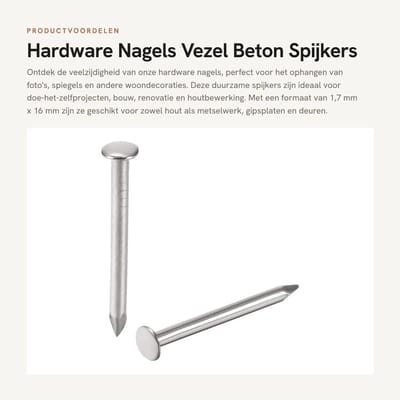 Dailygoods- Nagels 200 stuks - Spijkers 1,7 mm x 16 mm - Muurpinnen - Houtbewerking - Doe-het-zelf - Geschikt voor metselwerk en gipsplaten