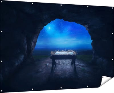 Gards Tuinposter Kribbe in een Grot onder de Ster van Bethlehem - 180x120 cm - Tuindoek - Tuindecoratie - Wanddecoratie buiten - Tuinschilderij
