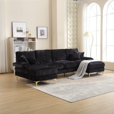 DESMIU U-Bank 272 Cm - Dubbele Chaise Longue Met Ergonomisch Zitcomfort - Voor Woonkamer En Lounge - Chenille - Zwart