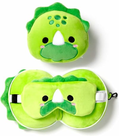 Relaxeazzz Dinosaurus knuffel/reiskussen/slaapmasker - 2-in-1 set - voor kinderen- in vliegtuig of auto
