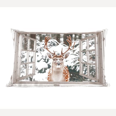 Sierkussens - Kussentjes Woonkamer - 60x40 cm - Doorkijk - Hert - Sneeuw - Winter - Bos - Dieren - Natuur