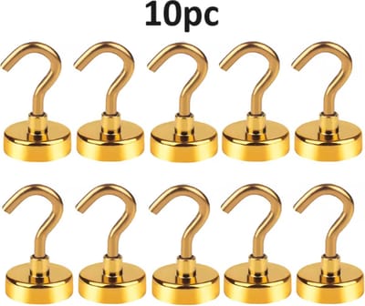 TLVX 10 stuks Haak magneet Goud 16mm x 36mm / Erg sterk / 7 KG trekkracht / Magnetische ophanghaak / Magneet met haak / Metalen haak / Deurmagneet haak voor sleutels / Koelkast magneet handdoek / Magneet gereedschap / Foto magneet met handdoekhaak