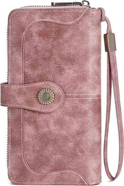 Dames leren clutch met RFID-bescherming, grote capaciteit en kaartslots - roze, klassiek ontwerp