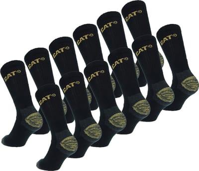 Caterpillar 12 Paar Premium Werksokken - Kuithoogte - Dubbele Versterkt - Katoen Zwart 39-42