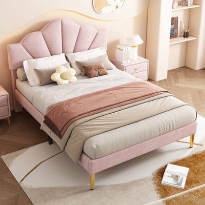Sweiko Fluweel kinderbed - 140x190cm - Tweepersoonsbed - gouden ijzeren poten - in hoogte verstelbaar hoofdeinde - Roze
