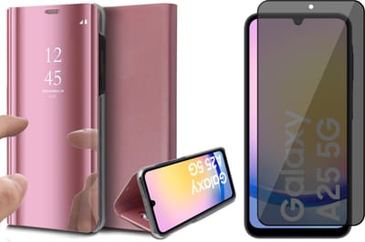 Hoesje geschikt voor Samsung Galaxy A25 / A24 - Privacy Screenprotector Volledig Dekkend Glas - Spiegel Book Case Rosegoud