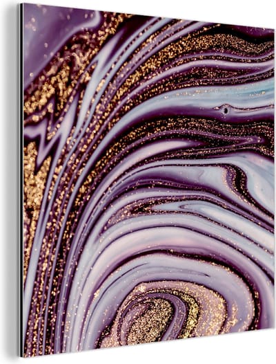 Wanddecoratie Metaal - Aluminium Schilderij Industrieel - Marmer - Roze - Goud - Glitter - Marmerlook - Luxe - 50x50 cm - Dibond - Foto op aluminium - Industriële muurdecoratie - Voor de woonkamer/slaapkamer