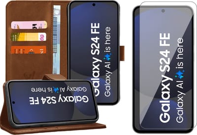 Hoesje geschikt voor Samsung Galaxy S24 FE - Screenprotector Glas - Portemonnee Book Case Bruin