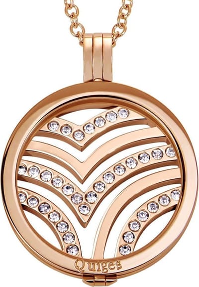 Quiges - Munthouder met Ketting en Munt 33mm Zirkonia Golven - RVS Rosegoudkleurig - ERHS478