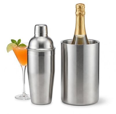 Cheqo® Cocktailshaker Set van 2 - Wijnkoeler en Cocktail Set - RVS Barset - Flessenkoeler - Roestvrij Staal - Cocktailaccessoires - Cadeauset voor Man en Vrouw - Bar Accessoires - Thuis Bar - Cocktails Maken - Drankkoeler - Barware