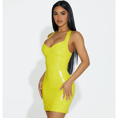 Dames Herfst Sexy V-hals PU Glanzend Slim Taillepakket Heup Jarretel Jurk Damesjurk S geel