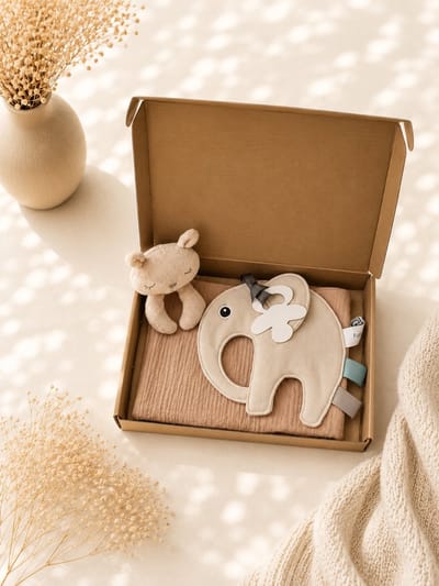 Kraampakket baby Beige – Speenkoord 100% Katoen & Hydrofiele Knuffeldoek – Baby Cadeauset – babyshower – kraampakket – neutraal – baby meisje – baby jongen – Gouden Geschenkverpakking – Brievenbus Cadeau