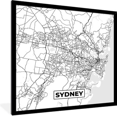 Fotolijst incl. Poster Zwart Wit- Kaart - Sydney - Stadskaart - Plattegrond - Zwart Wit - 40x40 cm - Posterlijst