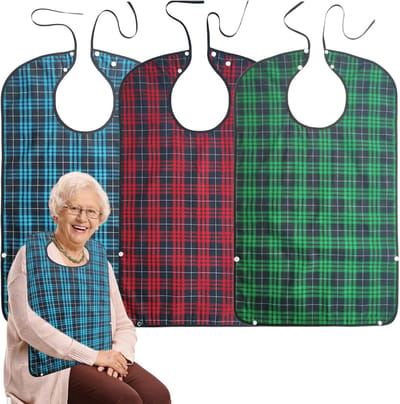 3-pack - Wasbare, waterdichte slabbetjes voor volwassenen - Herbruikbaar met onderzak - Unisex voor ouderen met een beperking - Rood, blauw en groen