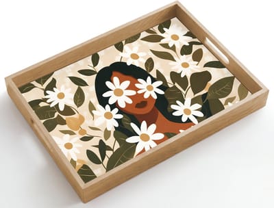 Dienblad hout 50x35 cm - Schootdienblad - Illustratie - Vrouw - Madeliefjes - Wit - Borrelplank rechthoek - Plateau dienbladen