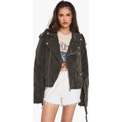 boohoo Dames Vintage Suede-look Oversized Biker Jas | Washed Khaki | Maat: 8