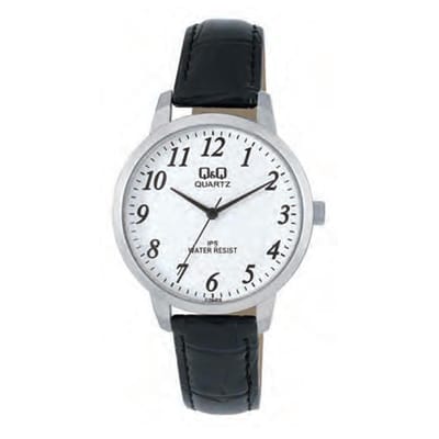 Q&Q C154J314Y - Horloge - Analoog - Heren - Mannen - Leren band - Rond - Staal - Cijfers - Zwart - Zilverkleurig - Wit - 3 ATM