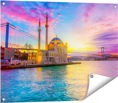 Gards Tuinposter Kleurrijke Ortakoy Moskee in Instanbul - 80x60 cm - Tuindoek - Tuindecoratie - Wanddecoratie buiten - Tuinschilderij