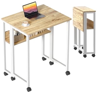 Opvouwbaar Bureau - Werktafel met Wielen - Thuiswerken en Studeren - Met Opbergplank - 80x50cm - Beige