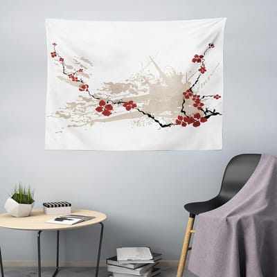 ABAKUHAUS Grunge Wandtapijt, Japan Sakura Bloemen, Woonkamer Slaapkamer Wanddoek Zijdezacht Satijn Wandtapijt, 200 x 150 cm, Beige Wit Rood