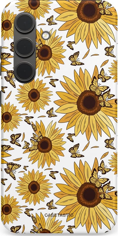 Casetastic Hoesje Geschikt voor Samsung S24 - Stijlvolle Beschermende Duo-layer Case - Zonnebloem Zomer met vlinders