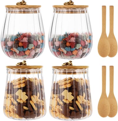 Dailygoody - Opbergpotten - Set van 4 - Decoratieve glazen potten met houten deksel - Transparant - Voor koffie, thee en kruiden - Geschikt voor snack