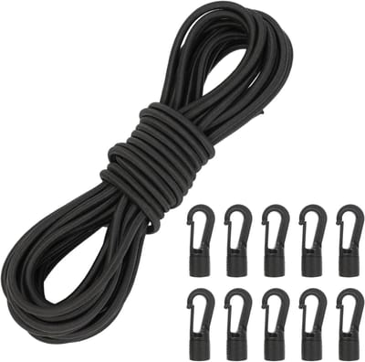 touw, 6 mm, 10 m, zwart, expandertouw met 10 kunststof haken, rubberen koord, zeiltouw, spanrubber, weerbestendig spantouw voor dekzeil, aanhangerzeil, tenten, camping, zeilen, net (6 mm/10 m