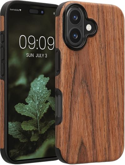 kwmobile hoesje geschikt voor Apple iPhone 16 - Back cover voor smartphone - Telefoonhoesje van hout in bruin - Houtnerven design