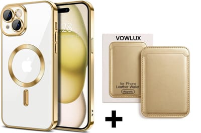 VOWLUX® Compatible iPhone 15 hoesje van schokbestendig siliconen met camera bescherming + Compatible MagSafe QuickWallet pasjeshouder – 24 magneten extra sterk – max 3 pasjes – kunstleer – Goud