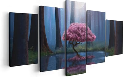 Artaza Canvas Schilderij Vijfluik Roze Boom Op Een Vijver In De Nacht - 100x50 - Foto Op Canvas - Canvas Print