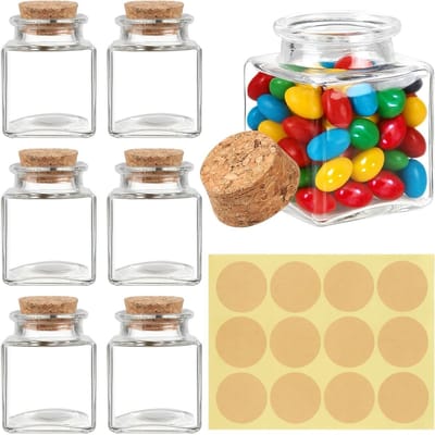 Set van 6 Mini Glazen Flessen met Kurk - 50ML Vierkante Flessen voor DIY, Trouwen, Kruiden en Feesten