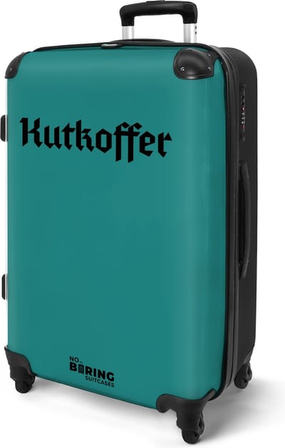 NoBoringSuitcases.com® - Koffer groot - Rolkoffer lichtgewicht tiener - Blauw met tekst 'Kutkoffer' - Reiskoffer met 4 wielen - Grote trolley XL - 20 kg bagage - Valiezen middelgroot - Hardcase bagagekoffer - Suitcase large