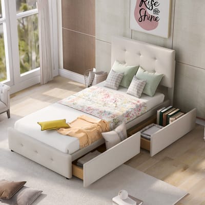 Kinderbed 90x200 cm - met 2 lades en hoofdeinde - gestoffeerd bed met lattenbodem - fluwelen bed, eenpersoonsbed, logeerbed, beige (matras niet inbegrepen)