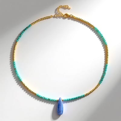 Cavill - Verstelbare Zilveren Halsketting - 925 Sterling Verguld - Nepal Kyaniet 8,8ct & Turkoois 6,7ct Natuursteen 41,9ct