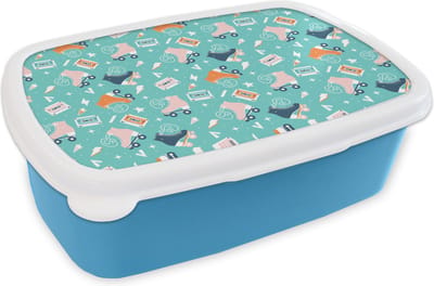Broodtrommel Blauw - Lunchbox - Brooddoos - Rolschaatsen - Patronen - Vintage - 18x12x6 cm - Kinderen - Jongen
