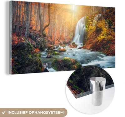 MuchoWow® Glasschilderij 40x20 cm - Schilderij acrylglas - Waterval - Zon - Herfst - Foto op glas - Schilderijen