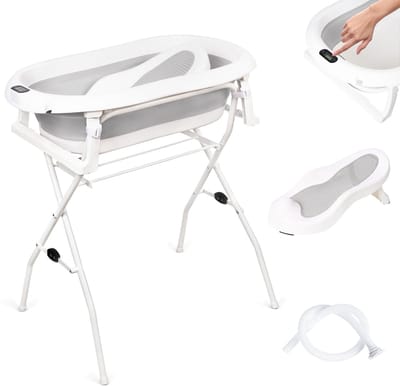 moovkee. Babybad met Standaard 80 cm - Opvouwbare Babybadewanne Grijs met Thermometer, Badesitz en Afvoersysteem - Veilig Babybad voor Pasgeborenen