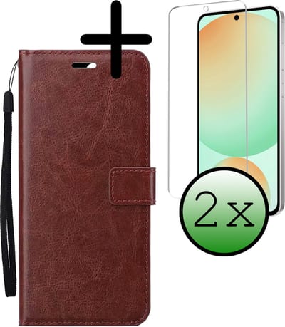 Hoesje Met 2x Screenprotector - Geschikt voor Samsung Galaxy S24 FE - Luxe Pasjeshouder - Bookcase Portemonee - Flip Case - Kunstleer Book Case - Flipcase Hoes - Book Cover - Walletcase - Portemonneehoes - Bruin