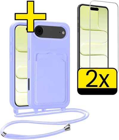 Hoesje Geschikt voor iPhone Air Telefoonhoesje Met Koord Case Pashouder Met 2x Screenprotector Siliconen - Hoes Geschikt voor iPhone Air Hoesje Met Kaarthouder - Lila