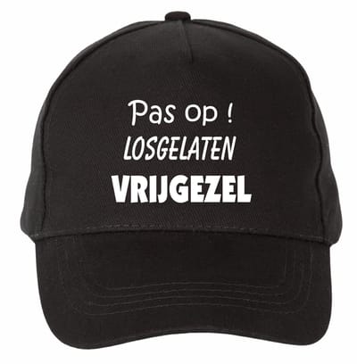 Mijncadeautje - 5 panel - Cap - Verstelbaar - Pet van 100% dik geborsteld katoen- unisex - opdruk wit - Pas op ! Losgelaten Vrijgezel - zwart